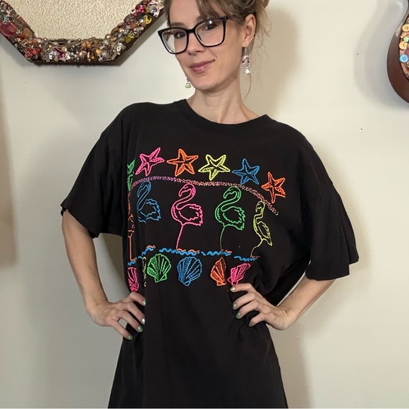 Vintage 80’s neon flamingo Black Tee with Neon Graphic - Picture 2 of 3